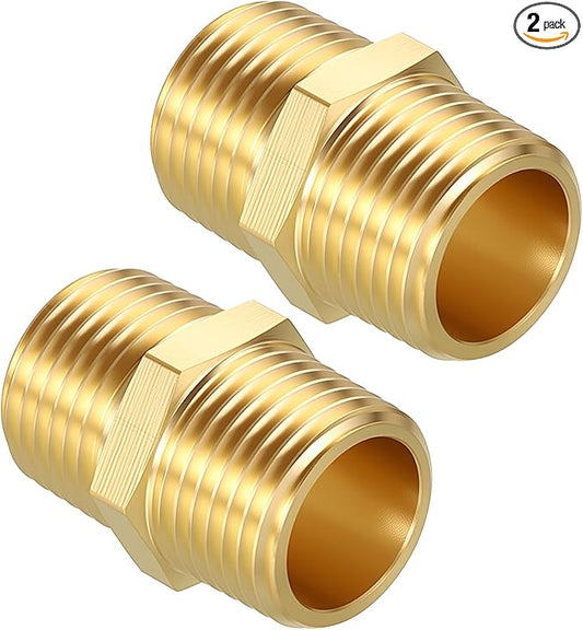 Pack of 2, 1/2" Male NPT to 1/2" Male NPT Solid Brass Hex Nipple Hose Connectors, Male Pipe Adapter for Pipe Leak Repair, Bathroom Remodeling, Tool Extensions, Compression