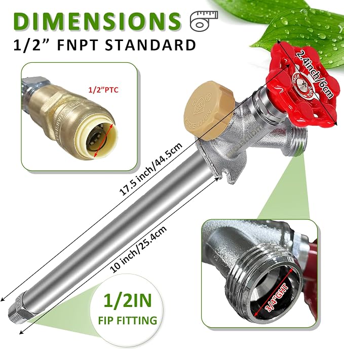 10 Inch Anti-Siphon Frost Free Sillcock Valve Multiturn 1/2 Inch NPT, 3/4 Inch Hose Bibb, Brass Body, Brass Valve, 12 Inch Length, Chrome Finish