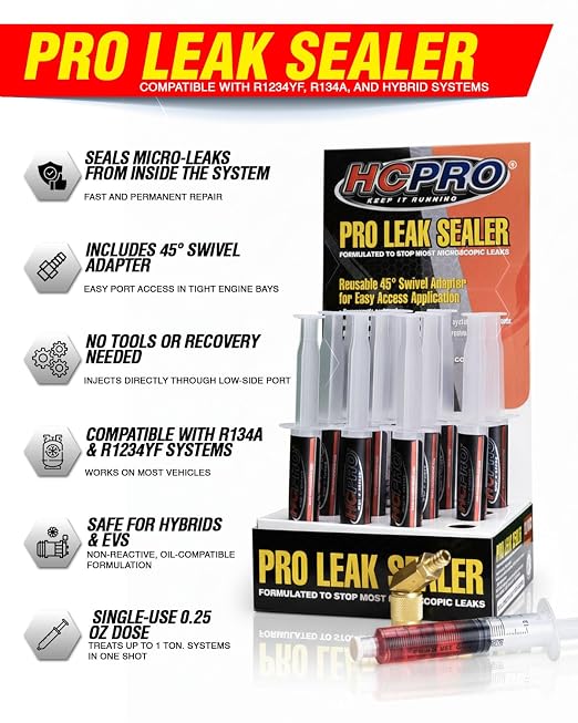 HCPRO HCLEAK12R Pro Leak Sealer with 45° Swivel Adapter for Easy Access Application 12 Applications 0.25 FL Oz. for AC, Refrigeration, and Automotive Systems Compatible with All Refrigerants.