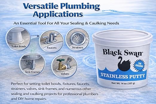 Black Swan Stainless Stay Soft Plumbers Putty, 14oz - Crack-Resistant, Ideal for Sink Drain, Faucets & Fixtures, Stretchable Plumbers Putty