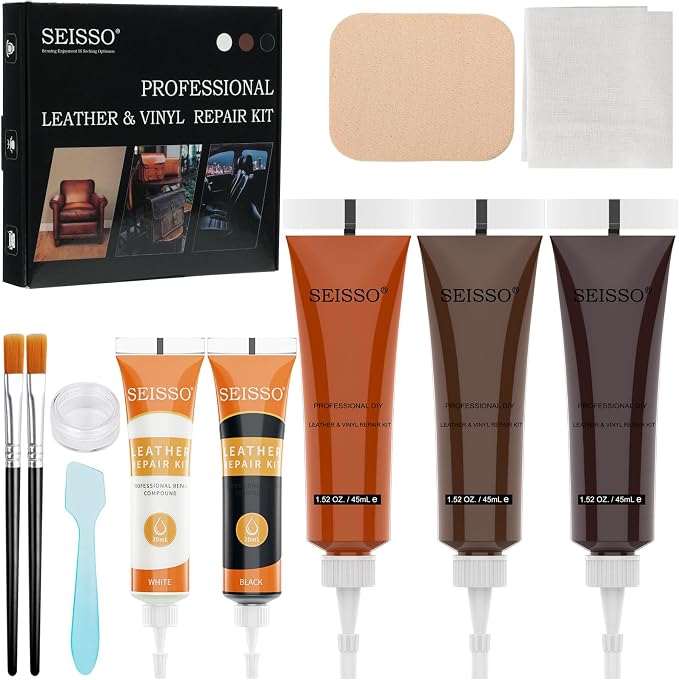 SEISSO Leather Repair Kit with Backing Fabric – 5 Color Leather & Vinyl Repair Kit for Couch, Sofa, Car Seats & Jackets, Fix Tears, Holes, Cracks, Scratches & Burn Holes, DIY Leather Repair (5 Colors)