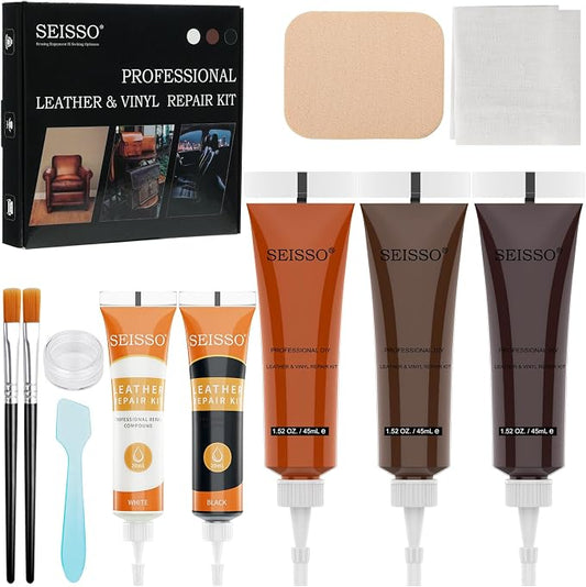 SEISSO Leather Repair Kit with Backing Fabric – 5 Color Leather & Vinyl Repair Kit for Couch, Sofa, Car Seats & Jackets, Fix Tears, Holes, Cracks, Scratches & Burn Holes, DIY Leather Repair (5 Colors)