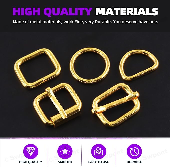 Swpeet 5 Style Metal Buckles - Adjustable Slide, D Ring, Circular Ring