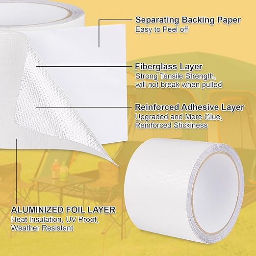 RV Awning Repair Tape Heavy Duty Waterproof Tent Repair Tape for Tarp, Parasol, Canopy, Car and Boat Covers, Underbelly Repair Patch Kit Outdoor UV proof Fabric Repair Patch Kit White (3 in x24.6ft)