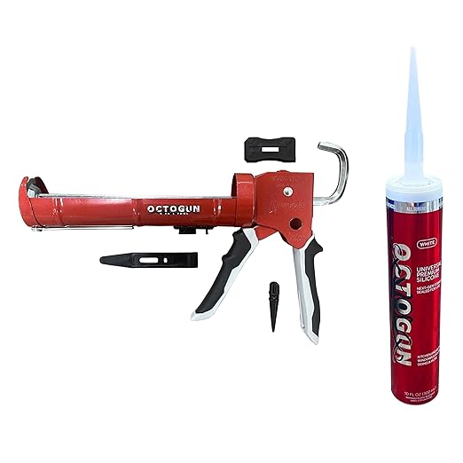 Newborn Caulk Gun and Octogun Silicone Bundle | Drip-Free 10 oz Caulking Gun with Cutter and Puncture Tool + Universal White Silicone Sealant | Bathroom, Kitchen, Window, and Door Sealing Kit