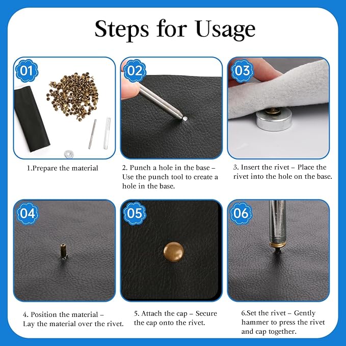 100 Sets Leather Rivets 10x10mm Double Cap Rivets Snaps Metal Studs Fasteners with 3pcs Setting Tools for Leather Craft DIY Repair Decoration, Bronze