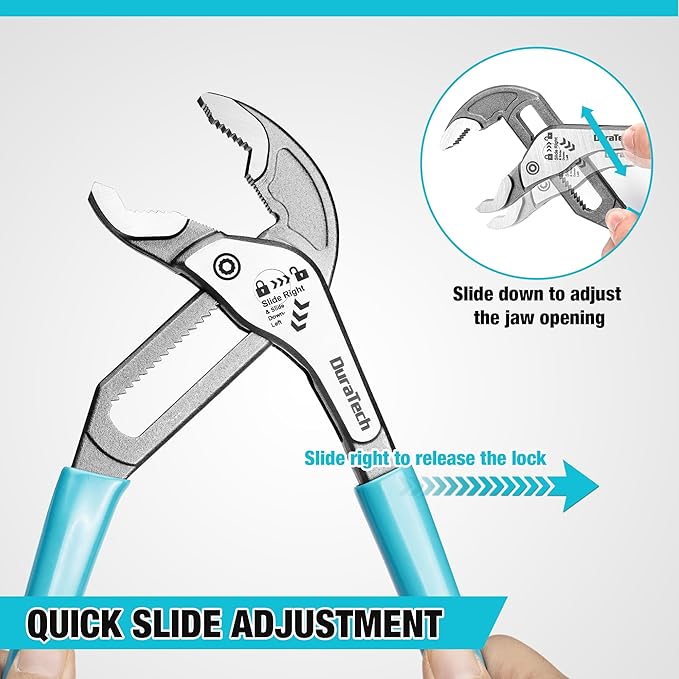 DURATECH 10-Inch Water Pump Pliers, Quick-Adjust Groove Joint Pliers, Tongue and Groove Plier with Slide-to-Unlock Mechanism, V-Jaw Design, CR-V Steel, for Plumbing, Automotive and Household Repairs