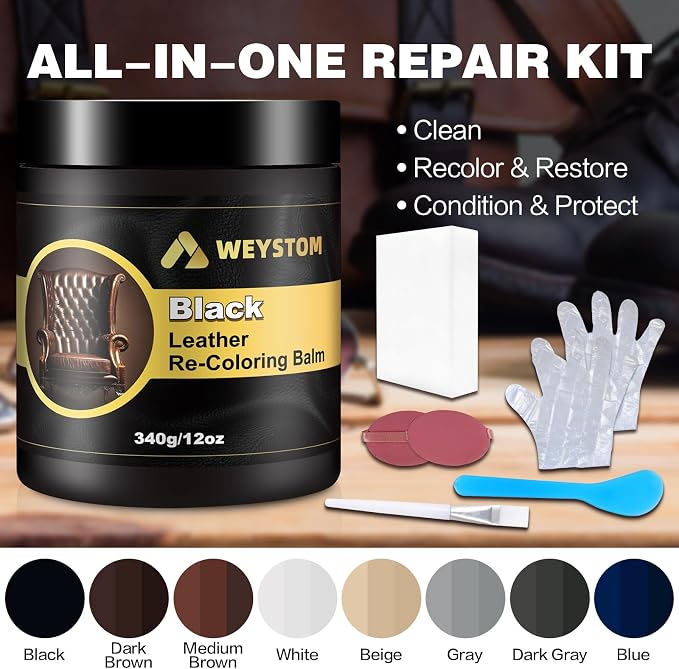 Leather Recoloring Balm, 12oz Large Size Leather Dye, Color Restorer, Scratch Repair, Furniture & Couch Restorer Kit, Repair Kit for Furniture(Black)