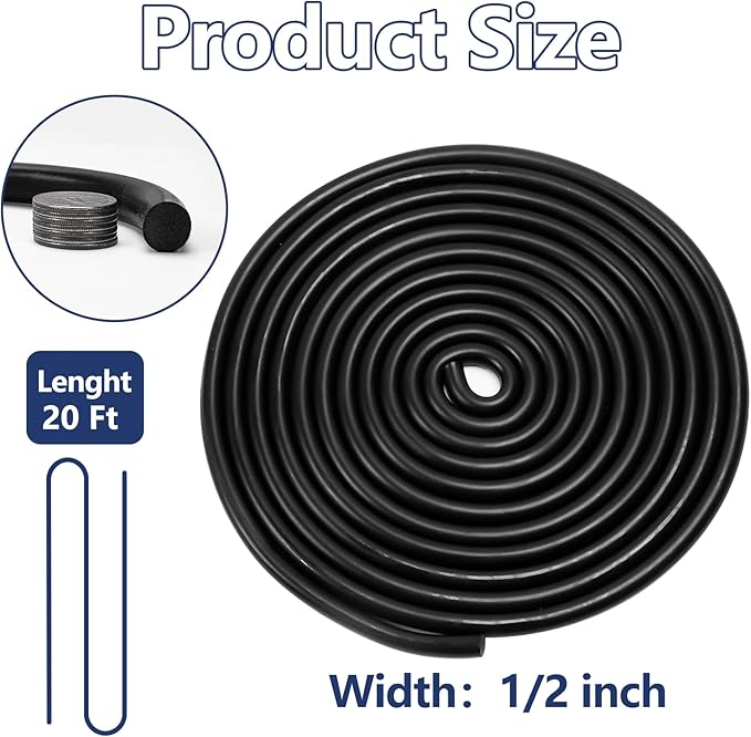 20FT Backer Rod 1/2 inch, Black Rubber Caulk Saver, Concrete Expansion Joint Filler, Weather Strip Seal for Gaps and Joints