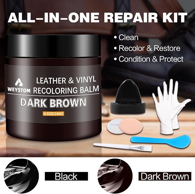 Leather Recoloring Balm - Dark Brown Leather Repair Kit for Furniture, Dye, Recolor, Renew, Repair & Restore Aged, Faded, Cracked, Peeling and Scuffed