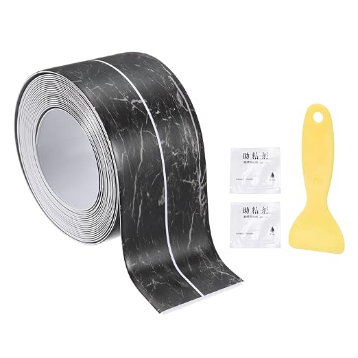 uxcell Caulk Tape Waterproof, 1.42 Inch x 10.5 ft Self-Adhesive Sealant Sealing Strip Caulking Sealant Tape PVC with Tool for Kitchen Sink Toilet Bathroom Bathtub Floor, Black Marble