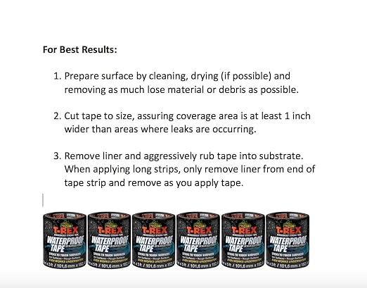 T-Rex Heavy Duty Waterproof and Repair Tape for Wet or Rough/Dirty Surfaces Including Underwater, Leaks and More, 4" x 5', Black, 1-Roll (285987) (Pack of 6)