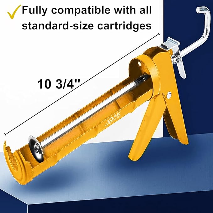 ADAK - Professional Caulking Gun, 10:1 Thrust Ratio, Caulking Gun No Drip, Hand Tool for Silicone & Sealant Application, Smooth Pressure Caulk Gun, Caulking Gun Tool (Yellow)