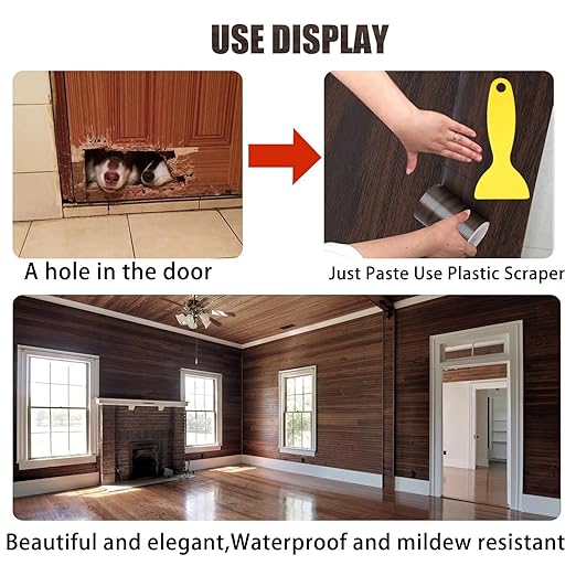 4" X33' Size Realistic Wood Grain Repair Tape, Self Adhesive Wood Grain Repair Patch for Tables, Chairs, Doors, Windows, Floors, Furniture Renovation, Handicraft DIY. With Plastic Scraper. Dark Walnut