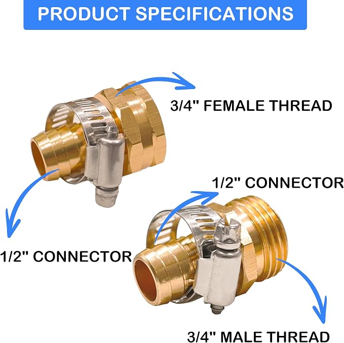 Hourleey Garden Hose Repair 1/2 Inch, Aluminum Mender Hose Connector Fitting with Clamp, Fit 1/2" Male & Female Hose Connector, 5 Sets