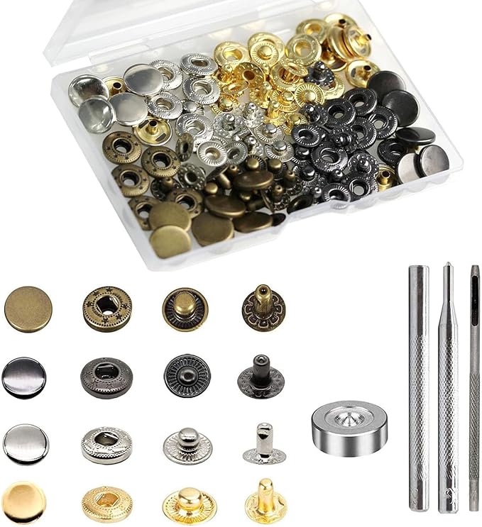 BetterJonny 24 Sets Heavy Duty Leather Snap Fasteners Kit, 10mm Metal Snap Buttons Press Studs Leather Rivets Snaps with 4 Setter Tools for Clothes Bracelet Jackets Jeans, 4 Color