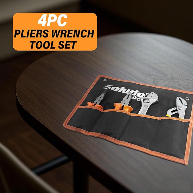 4-Piece Large Pilers and Wrench Set,10 Inch Groove Joint Pliers and Adjustable Wrench with 8 Inch Long Nose and Lineman's Pliers for Home Use and DIY Project