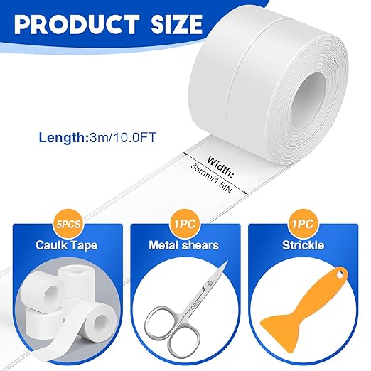 ESRICH White Caulk Tape,5 Rolls Caulk Tape Waterproof Self Adhesive, Toilet Caulking Strip for Bathtub, Kitchen, Countertop,Sink,Wall Tile Edge Peel and Stick Caulking Sealing Tool (1.5" x10Ft)