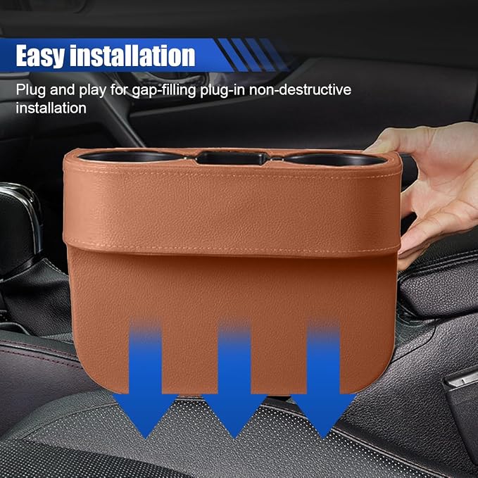 KITUREK Car Cup Holder, PU Leather Cover Auto Front Seat Organizer, Brown | Multifunctional Cup Drink Holder, Gap Filler Coin Bucket Storage Box, Console Side Pocket, Cell Mobile Phone Holder