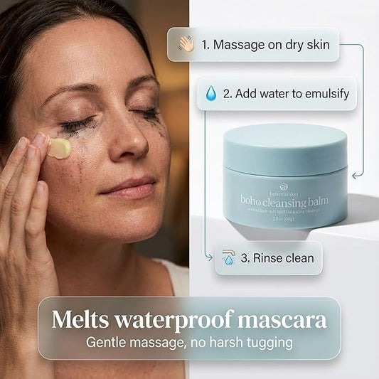 BOHO Skin Cleansing Balm - Hydrating & Moisturizing Facial Cleanser & Makeup Remover Balm for All Skin Types - Natural Deep Pore Cleanser with Vitamin E & Botanical Extracts (2oz)