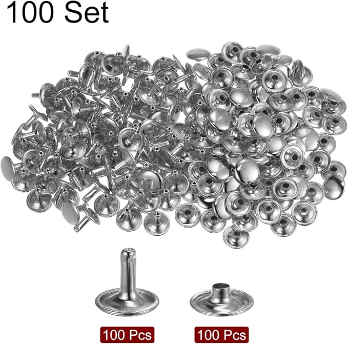 HARFINGTON 100 Sets Leather Rivets 12 x 12mm Metal Double Cap Rivet Snaps Studs Fasteners with 3pcs Setting Tools Rivets for Leather Craft DIY Repair Decoration, Silver Tone
