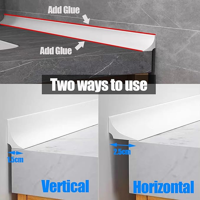 Water Barrier for Sink,Shower Threshold Water Dam Barrier,Waterproof Barrier Bathroom,Collapsible Silicone Strip Trim Splash Guard (White-1M)