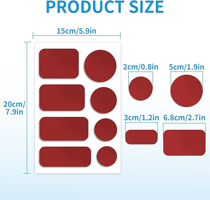 Waterproof Self-Adhesive Nylon Patches for Tent Repair Kit, 24pcs Outdoor Gear Tenacious Repair Tape, Fabric Patches for Clothes, Down Puffer Jacket, Tent, Sleeping Bag, Backpack, Red