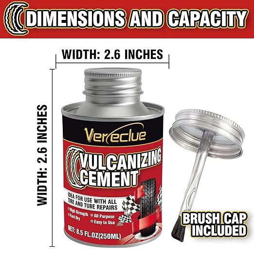 Chemical Vulcanizing Cement, Clear Tire Repair Glue, All Purpose Rubber Cement, Heavy Duty Tire Patch Kit with Brush Top Can for Car, Motorcycle, Bike, 8.5Oz