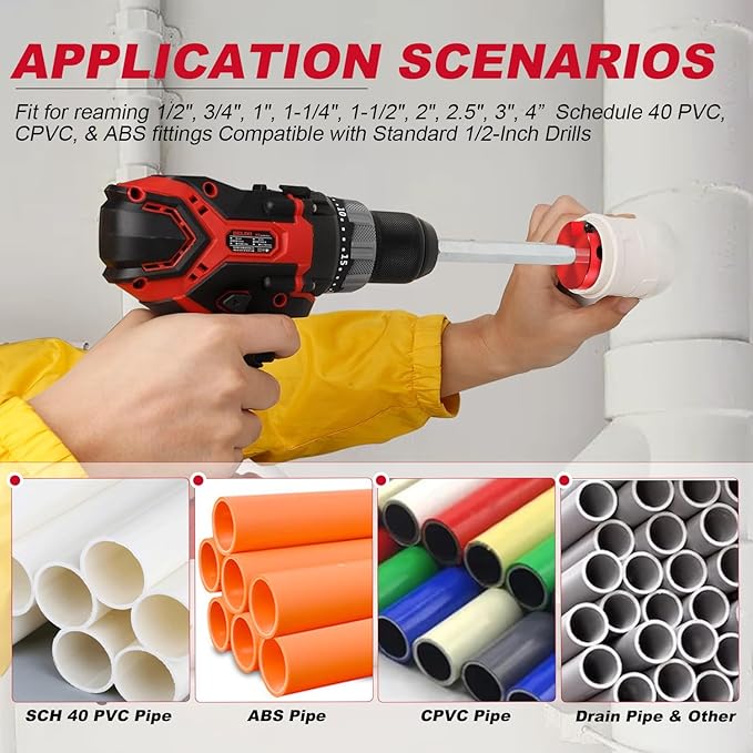 9-Piece PVC Pipe Reamer Kit for 1/2" Drills - 1/2",3/4",1",1-1/4",1-1/2",2",2.5",3",4” Inner Cutter Tool Reamer for PVC, CPVC, ABS, Conduit & Industrial Pipe, SCH40 Repairs, Pipes Fitting Saver