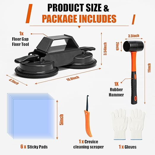 Floor Gap Fixer Tool with Suction Cup, Heavy Duty Floor Gap Repair Kit for Laminate, Floating, LVP, Vinyl Plank & Hardwood Flooring, Includes Rubber Mallet, Scrape, Gloves & 6 Reusable Pads