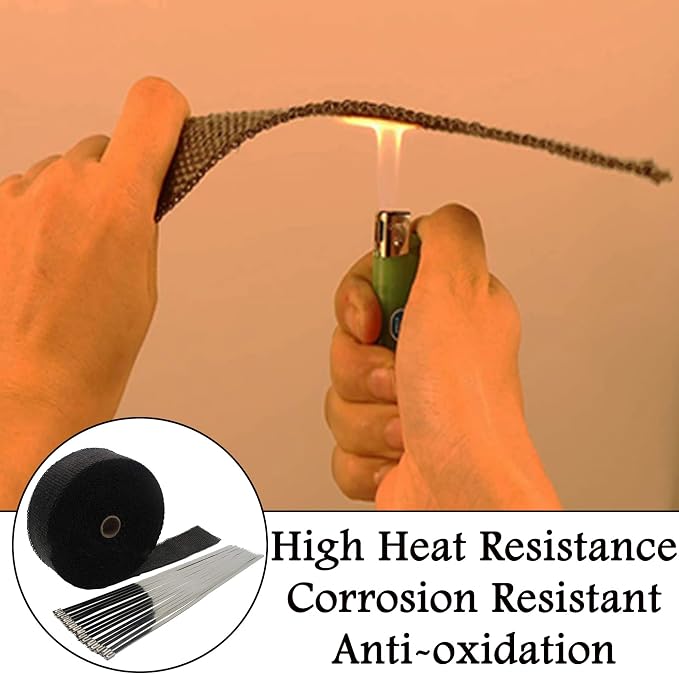 Deecam Exhaust Wrap, Black Exhaust Header Heat Wrap, 2'' x 50' Motorcycle High Temp Heat Shield Tape Roll for Exhaust Pipes with 12 Stainless Steel Ties