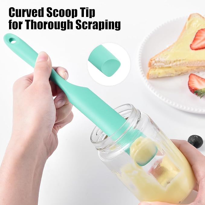 Doosu Silicone Jar Scraper Spatula, 600°F Heat Resistant Rubber Scraping Tool for Jam Nut Butter Sourdough, Flexible Skinny Cream Spreader Long Slim Kitchen Spurtle for Jar Blender Bottle (Aqua Sky)