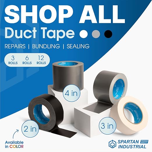 Spartan Industrial - 2" X 30 yd Black Duct Tape - 3 Strong Tape Rolls for Repairs, Crafts, Labeling, and More - Water-Resistant, No Residue, 9 Mil