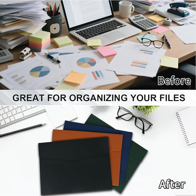 MultiBey PU Leather A4 Document Holder File Organizer with Snap Closure, Waterproof/Water‑Resistant A4 & Letter Size Envelope Folder 13 x 9.5 in - Holds up to 100 Sheets (Black)