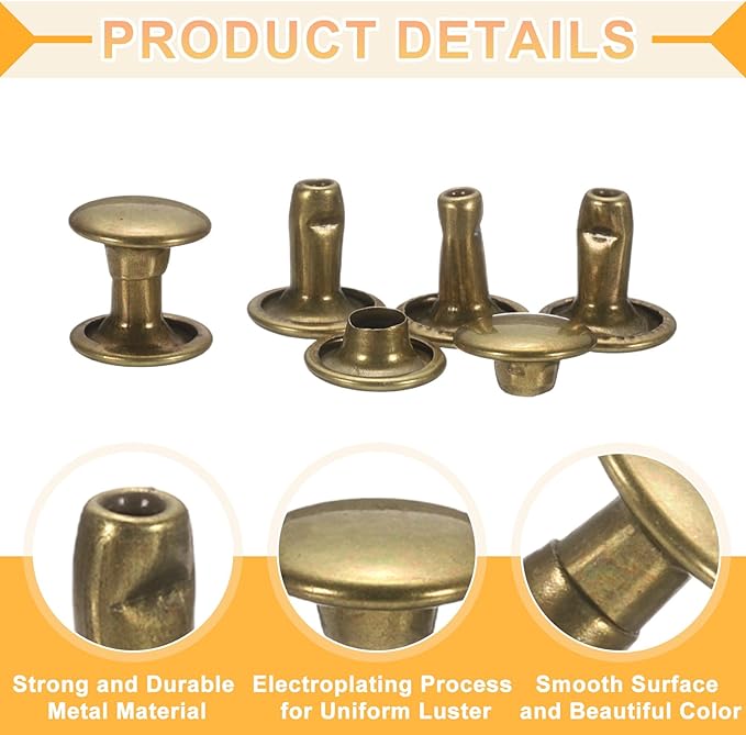uxcell 120Set Leather Rivets, 7mm Double Cap Rivet Tubular Metal Studs Repairs Decoration Craft Accessories for Repair Decorate Leather Craft Belt Bag Shoes Purse Belts, Bronze
