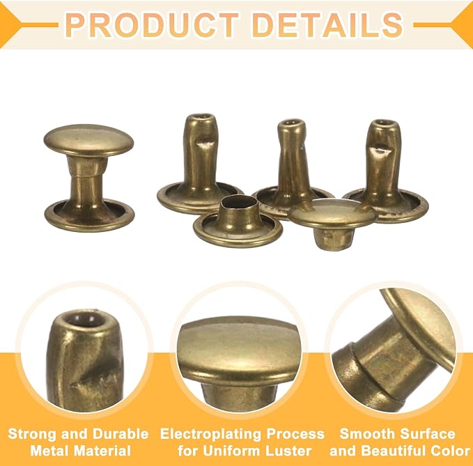 uxcell 120Set Leather Rivets, 8mm Double Cap Rivet Tubular Metal Studs Repairs Decoration Craft Accessories for Repair Decorate Leather Craft Belt Bag Shoes Purse Belts, Bronze