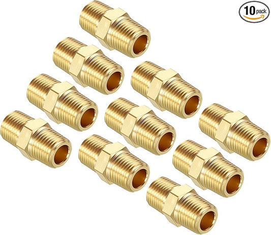 Pack of 10, 1/8" NPT Male to 1/8" NPT Male Solid Brass Hex Nipple Hose Connectors, Male Pipe Adapter for Pipe Leak Repair, Bathroom Remodeling, Tool Extensions, Compression