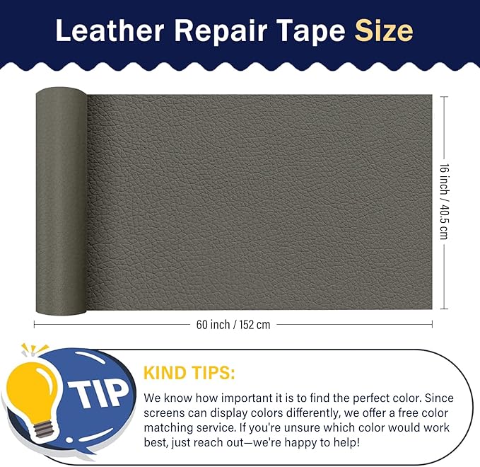 Zenyao Leather Repair Patch Tape - Self Adhesive Leather Repair Kit for Car Seat Furniture, Heavy Duty Vinyl Repair Patch for Couch Sofa, Waterproof Fix for Tears, 16x60 Inch Roll, Light Grey