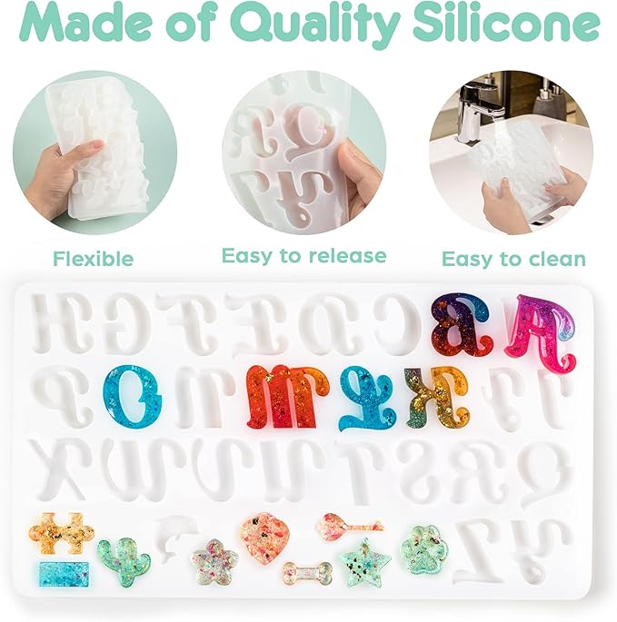 Mocoosy 182Pcs Fancy Alphabet Resin Molds Silicone Kit, Reversed Letter Keychain Epoxy Resin Casting Molds, Resin Key Chain Making Set with 1 Hand Drill 2 Drill Bits 30 Key Rings 100 Screw Pins