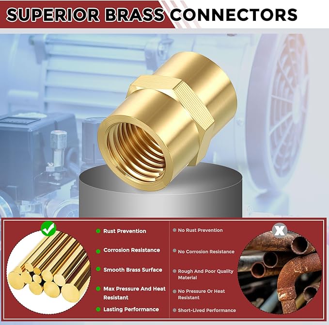 Pack of 12, 1/4" FeMale NPT to 1/4" FeMale NPT Solid Brass Pipe Fitting Coupler, Brass Coupling Hose Fittings Adapter for Pipe Leak Repair, Bathroom Remodeling, Tool Extensions