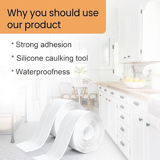 White Caulk Tape Waterproof Self Adhesive, Caulking Tape, Sealer Strip for Bathroom, Toilet Base, Shower, Bathtub, Sink, Countertop Edge Protector, Easy to Use with Silicone Caulking Tool