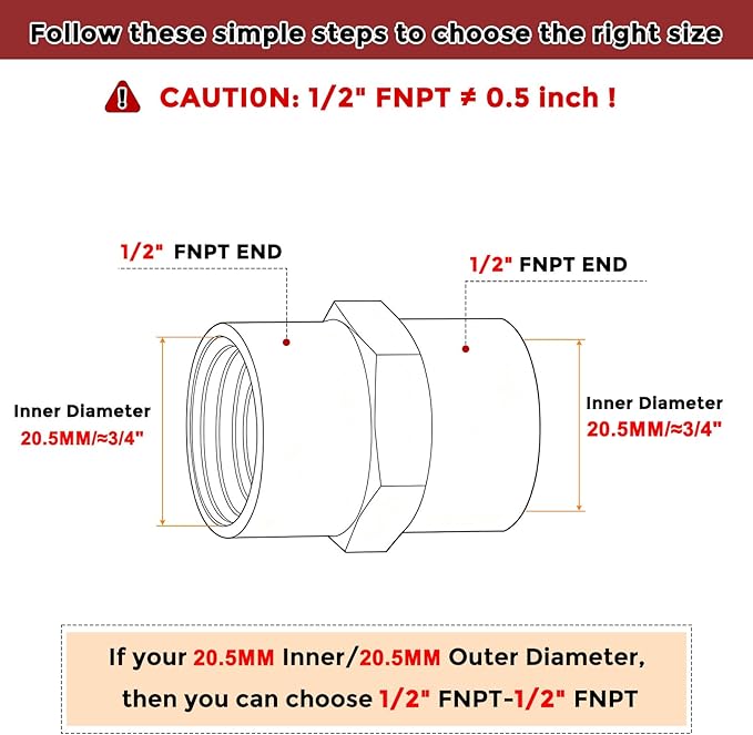 Pack of 6, 1/2" NPT FeMale to 1/2" NPT FeMale Solid Brass Pipe Fitting Coupler, Brass Coupling Hose Fittings Adapter for Pipe Leak Repair, Bathroom Remodeling, Tool Extensions