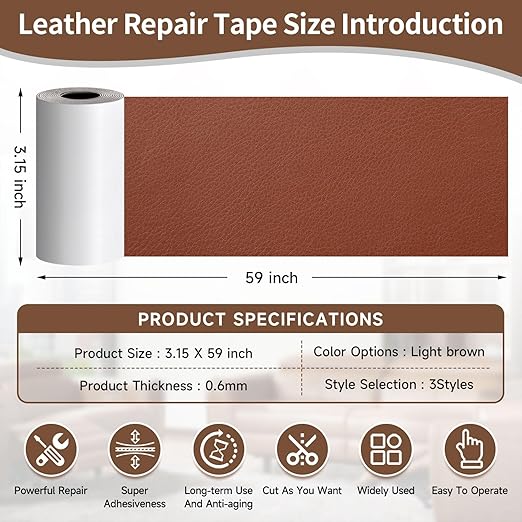 Leather Repair Tape, self-Adhesive Leather Repair Patch, for car seat Repair, Suitable for Sofas, Furniture, Seats, Strong Adhesive Leather Repair Tape (Brown, 3.15 x 59in)