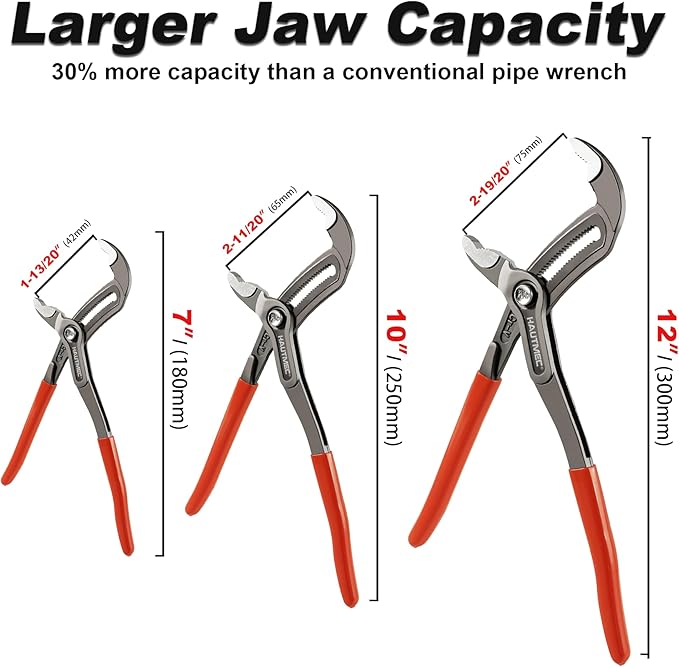 HAUTMEC 3 PCS Water Pump Pliers Set, Fast Adjustable Tongue and Groove Joint Pliers Tool Set,V-Jaw with Comfort Grips, 7 10 12Inch Plier Rust-Proof CRV Steel Construction for Plumbing HT0370-PL