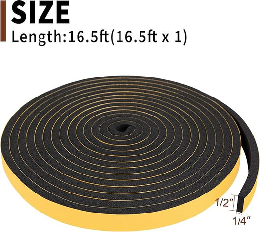 Yotache Weather Stripping Door Seal Strip 1/2x1/4 inch, Adhesive Foam Insulation Tape for Door Frames, Windows, 16.5 Ft