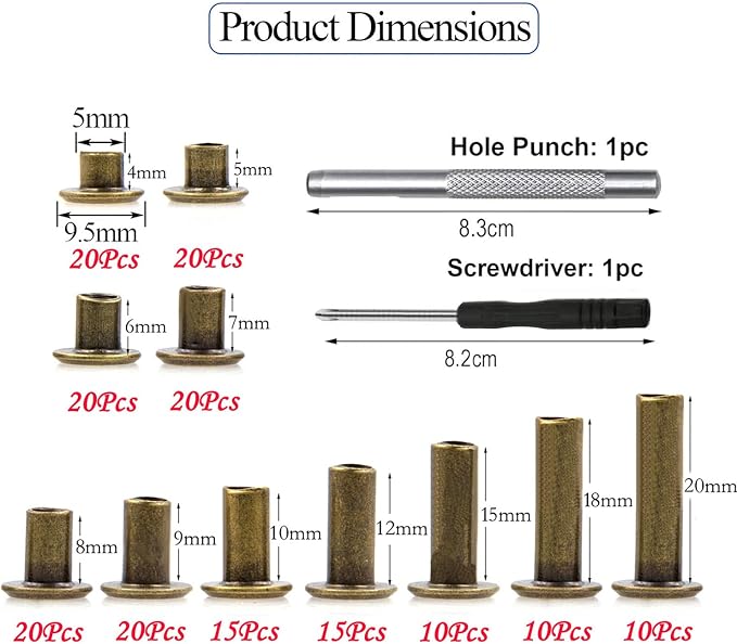 362 Pcs Bronze Chicago Screws Leather Rivets Assorted ，11 Sizes of Screw Rivets Chicago Screws for Decorate and Repair Leather Craft Belt Bag Shoes Purse Bookbinding
