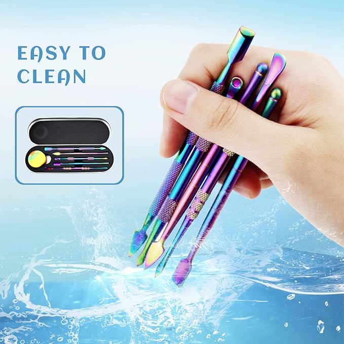 YETOOME 6 Pcs Wax Carving Tool Set with 5 ml Silicone Container and Portable Metal Case, Double-Ended Carving Tool Stainless Steel Wax Sculpting Tools for Wood, Wax, Clay, Pottery, Rainbow Color
