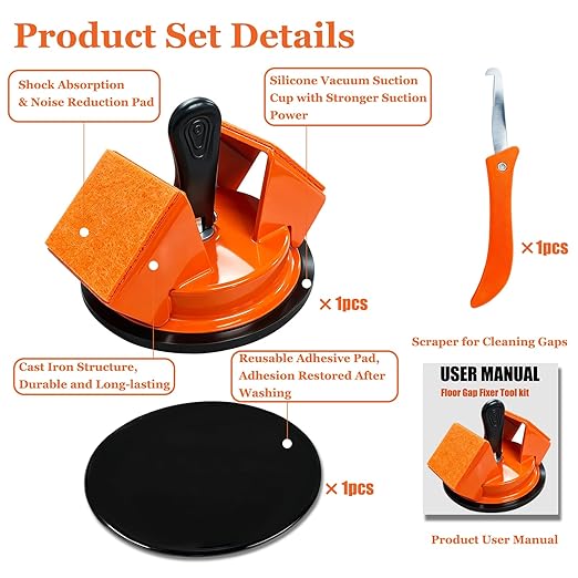 Floor Gap Fixer Tool Kit with Reusable Nano-Adhesive Pad,Heavy-Duty 45°Striking Surface Laminate Floor Repair Tools with Enhanced Suction Cup for Fixer Wood/Vinyl Plank Flooring (Orange)