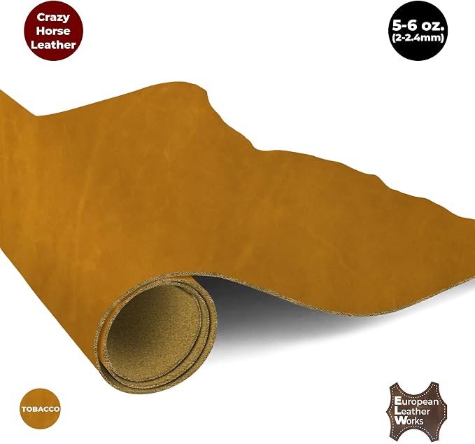 ELW Crazy Horse Leather 5-6 OZ (2-2.4mm) | Tobacco Brown | Pre-Cut 6"x6" 2PCS | Full Grain Cowhide Handmade Leather for DIY, Crafts, Sheaths, Sewing, Workshop