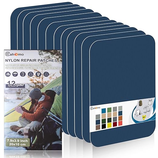 Cahomo 7.9x3.9 inch 12 PCS Nylon Repair Patch Nylon Repair Tape Self Adhesive Fabric Tapes Outdoor Camping Gear Fabric kit for Tent, Umbrella, Down Jackets, Sleeping Bag, Knapsack（Dark Blue）